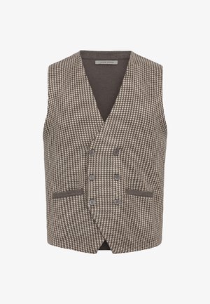 Brown houndstooth vest with a deep V-neck, double-breasted front, two pockets, and four buttons. Made from a textured fabric.