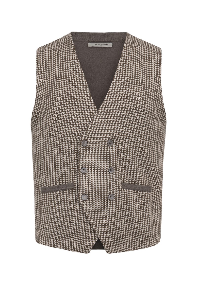 Brun hundetand vest med dyb V-hals, dobbeltradet front, to lommer og fire knapper. Fremstillet af et struktureret stof.