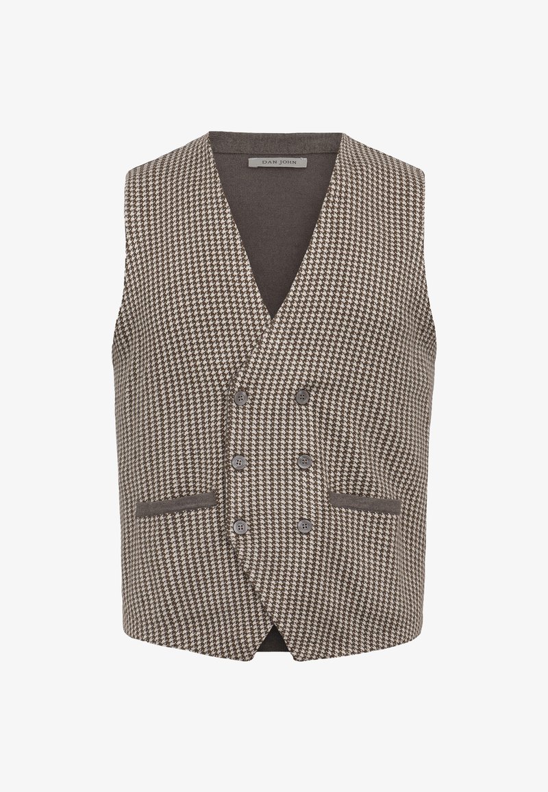Gilet a motivo houndstooth marrone con scollatura a V profonda, parte anteriore doppiopetto, due tasche e quattro bottoni. Realizzato in un tessuto testurizzato.