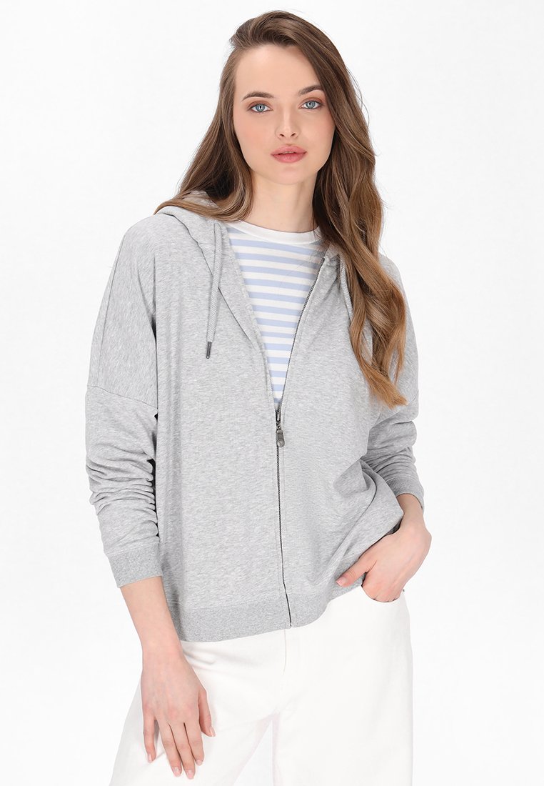 Grauer Reißverschluss-Hoodie mit einer vorderen Tasche, Kapuze und lockerer Passform. Trägt man über einem weiß-blau gestreiften Hemd mit langen Ärmeln.