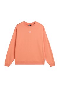 Sudadera de algodón naranja con mangas largas. Presenta un cuello redondo y un pequeño logo blanco de "VANS" en el pecho. Textura suave, diseño casual.