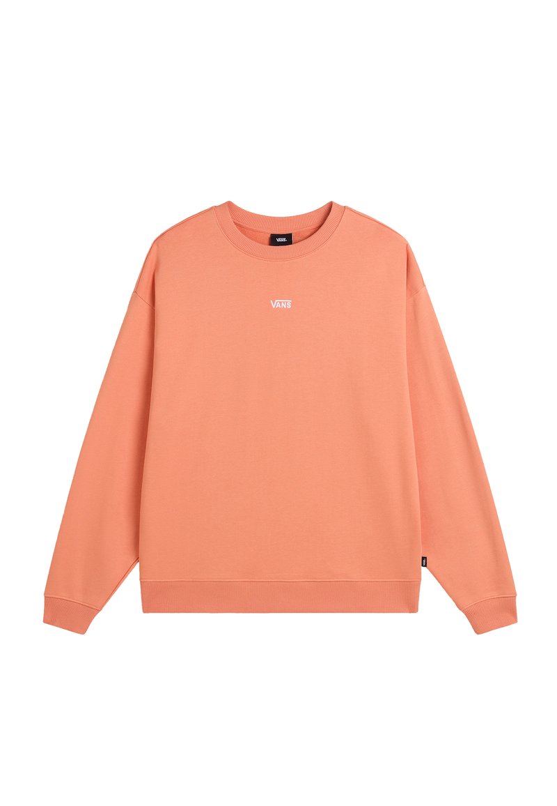 Sudadera de algodón naranja con mangas largas. Presenta un cuello redondo y un pequeño logo blanco de "VANS" en el pecho. Textura suave, diseño casual.