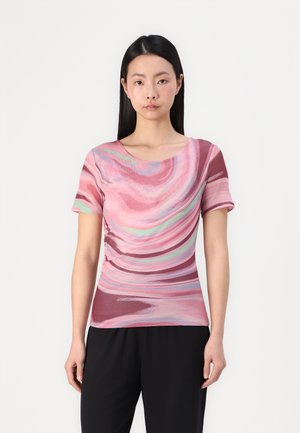Short-sleeve top in a multicolored, swirling pattern of pink, purple, and green, fitted design with textured fabric.