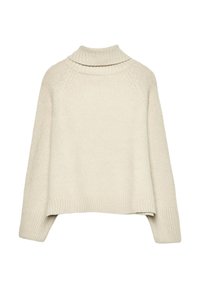 Maglione beige chiaro con colletto alto, polsini e orlo a coste. Realizzato in materiale morbido con una vestibilità rilassata e maniche a raglan.