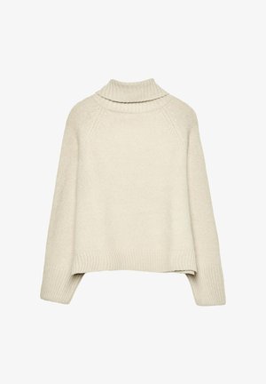 Svijetlosmeđi pulover s visokim ovratnikom, rebrastim manžetama i donjim rubom. Izrađen od mekog materijala s opuštenim krojem i raglan rukavima.