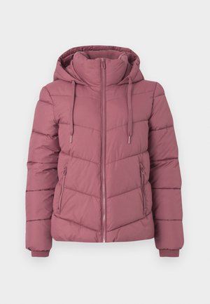 Gewatteerde winterjas in mauve met een capuchon, voorzien van een voorkleurige rits, twee zijzakken en ribgebreide manchetten. Diagonale gestikte panelen.