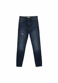 Jeans de denim azul oscuro con corte slim, que cuentan con un cierre de botón, presillas para el cinturón, bolsillos frontales y un desgaste sutil en la tela.
