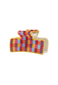 Kolorowa spinka do włosów wykonana z plastikowych koralików w wzór szachownicy, z jasnymi odcieniami takimi jak żółty, różowy, niebieski i fioletowy.