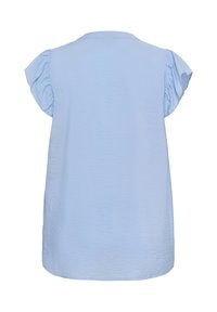 Blouse bleu clair pour femme avec manches courtes bouffantes et encolure ronde, vue de dos sur fond blanc uni.