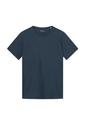 T-shirt in cotone blu navy a manica corta con scollo rotondo, mostrata distesa su sfondo bianco.