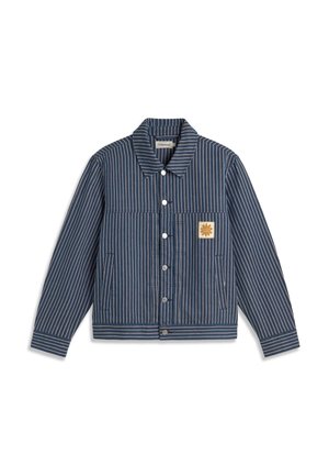 Marineblaue Jacke mit Knöpfen, weißen vertikalen Streifen, zwei Seitentaschen und einem kleinen Aufnäher mit orangefarbener Sonnengestaltung auf der Brust.