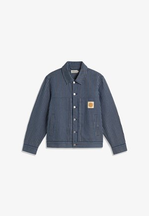 Navy blue button-up jacket with white vertical stripes, two side pockets, and a small patch with an orange sun design on the chest.
