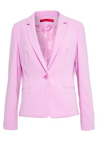 Růžový blejzr s hladkou texturou, s klopami, zapínání na jeden knoflík a dvěma předními kapsami. Podšívka je z látky s hvězdným vzorem.