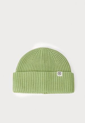 Hellgrüner Strickmütze mit geripptem Muster, ausgestattet mit umgeschlagenem Saum und einem kleinen Logo-Label an der Seite. Weiches und dehnbares Design.