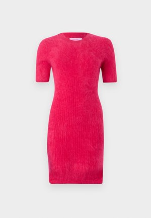 Prilegajoča obleka s kratkimi rokavi v svetlo roza barvi, narejena iz rebraste pletenine z mehkim otipom. Ima okroglo izreza.