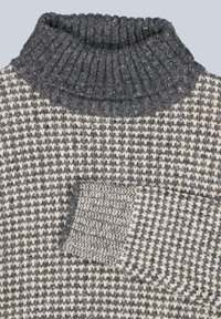 Strickpullover mit hohem Rippkragen, der mit einem grau-creamfarbenen Hahnentrittmuster versehen ist. Weiche Textur mit warmer Ausstrahlung.