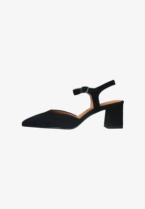 Black suede pointed-toe shoe with an ankle strap and buckle. Features a block heel and a smooth leather insole. Simple and elegant design.