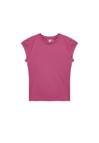 T-shirt à manches courtes, col rond, en tissu uni magenta. Texture lisse, design minimaliste et coupe décontractée avec des manches légèrement fuselées.