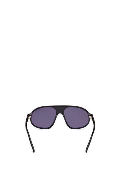 Aviator sunglasses with a black plastic frame and purple tinted lenses. Features metal accents on the hinges. Sleek and modern design.
