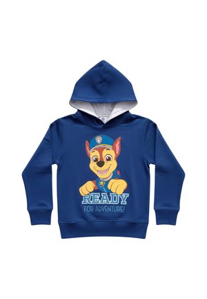 Blauer Kinder-Hoodie mit einem Cartoon-Hund, der einen blauen Hut trägt, und dem Text "READY FOR ADVENTURE!" auf der Vorderseite.