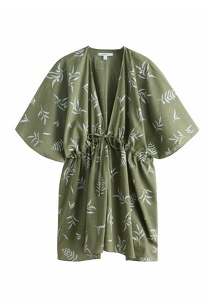 Olivgrünes Kimono-Kleid mit weißen Blattmustern, weitem Ärmeln, offenem Vorderteil und verstellbarem Taillenband zum Binden.