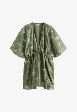 Olivgrünes Kimono-Kleid mit weißen Blattmustern, weitem Ärmeln, offenem Vorderteil und verstellbarem Taillenband zum Binden.