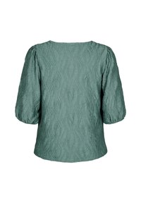 Textured green blouse with wave pattern, round neckline, and puffed sleeves. Made from lightweight fabric. Back view only.
