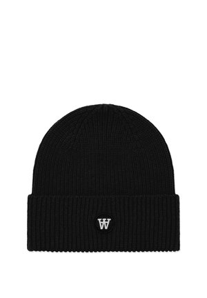 Gorro de punto negro acanalado con puño doblado y pequeña parche redondo con el logo blanco de doble W en el centro delantero.