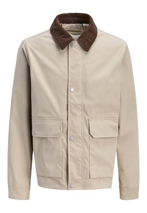Beige jacket with brown corduroy collar, front snap buttons, and two large flap pockets at the waist.