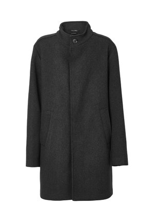 Dunkelgrauer Wollmix-Mantel für Herren mit Stehkragen, einem sichtbaren Knopf und zwei vorderen Taschen, geschlossenes Vorderdesign.