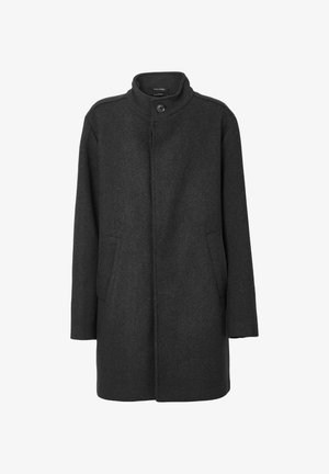 Dunkelgrauer Wollmix-Mantel für Herren mit Stehkragen, einem sichtbaren Knopf und zwei vorderen Taschen, geschlossenes Vorderdesign.