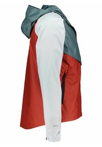 Vedenkestävä takki, jossa on värilohkointi punaisella, valkoisella ja turkoosilla. Varustettu hupulla, vetoketjullisella sivutaskulla ja joustavilla hihansuilla.