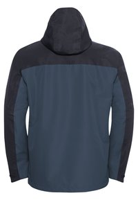 Giacca blu navy con cappuccio, caratterizzata da una parte superiore scura e un tessuto testurizzato. Include maniche lunghe e un design a vestibilità rilassata.