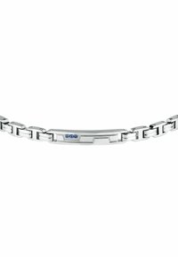 Bracciale in acciaio inox con maglie intrecciate; presenta una superficie liscia e lucida e tre pietre blu su un pezzo centrale rettangolare piatto.