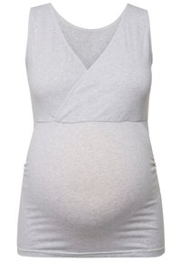 Top premaman grigio a canotta con scollo a V, design senza maniche e cuciture laterali arricciate per una vestibilità elasticizzata intorno alla pancia. Tessuto morbido e leggero.