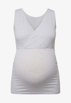 Graues Stilltop mit V-Ausschnitt, ärmellosem Design und gerafften Seitennähten für eine elastische Passform rund um den Bauch. Weicher, leichter Stoff.