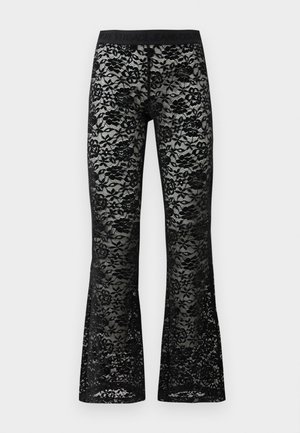 Black lace flared pants with floral pattern, elastic black waistband, sheer texture, and a form-fitting silhouette.