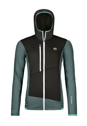 Hooded jacket featuring a black upper body, teal accents, and textured sleeves. Includes front pockets and a full-length zipper.