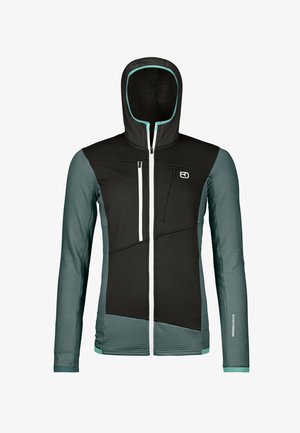 Kapuzenshirt mit schwarzem Oberkörper, türkisfarbenen Akzenten und strukturierten Ärmeln. Verfügt über Fronttaschen und einen Reißverschluss in voller Länge.