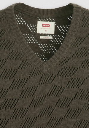 Dark olive green knitted sweater with a V-neck, featuring a textured diamond pattern and a Levi's label inside the neckline.