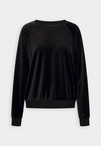 Sweat-shirt noir en velours à manches longues avec poignets, ourlet et encolure ras du cou côtelés, présenté sur un fond blanc uni.