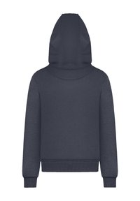 Dark gray hoodie with a large hood, ribbed cuffs and hem. Smooth fabric texture, no visible patterns or hardware. Rear view displayed.