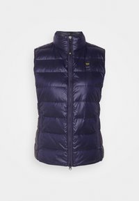 Granatowa pikowana kamizelka z wysokim kołnierzem. Posiada przedni zamek błyskawiczny i boczne kieszenie. Gładkie, błyszczące wykończenie z równymi szwami i lekką izolacją.