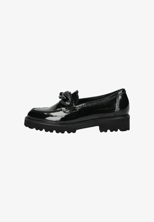 Black patent leather loafers with a rounded toe, decorative bow detail, and a thick rubber sole featuring textured lugs for traction.
