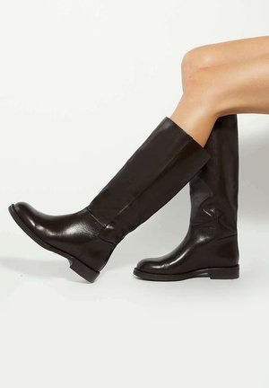 Knee-high, sleek black leather boots with a glossy finish, round toe, and minimal seam details, featuring a low, flat sole.