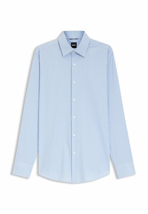 Chemise habillée à petits carreaux bleu clair et blanc, manches longues, avec patte de boutonnage devant et col classique.
