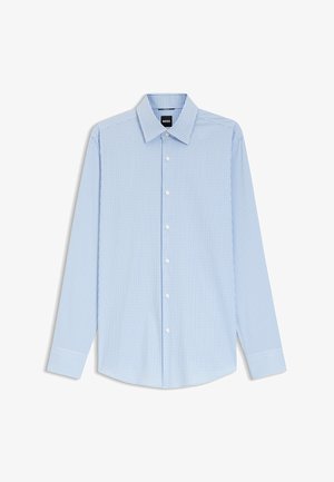 Chemise habillée à petits carreaux bleu clair et blanc, manches longues, avec patte de boutonnage devant et col classique.