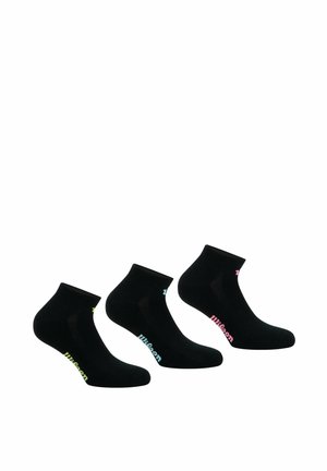 Chaussettes noires à la cheville en lot de trois, avec des logos de marque colorés : vert, rose et bleu. Fabriquées en tissu doux et extensible.