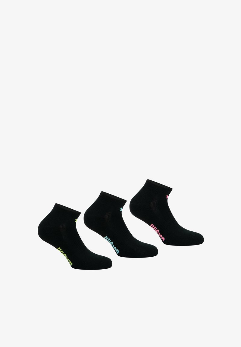Chaussettes noires à la cheville en lot de trois, avec des logos de marque colorés : vert, rose et bleu. Fabriquées en tissu doux et extensible.