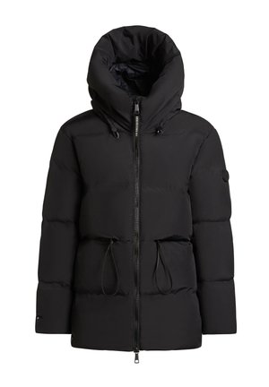 Schwarze Pufferjacke mit hohem Kragen, Reißverschlussschluss, verstellbarem Kordelzugbund und Seitentaschen. Glatte, matte Textur mit Polsterung.
